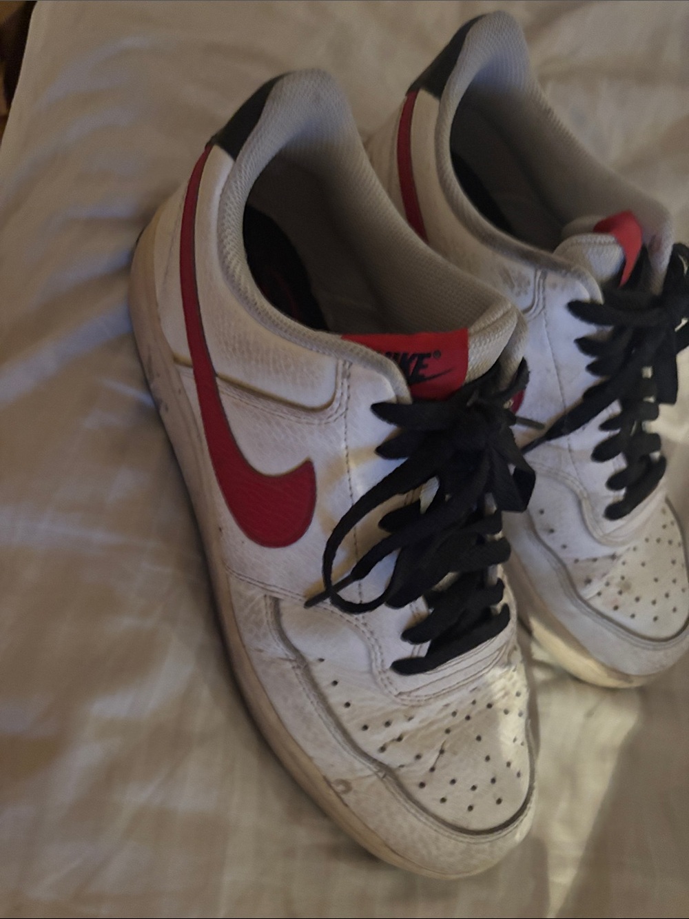 Nike White Sneakers with Red Swoosh and Black Laces